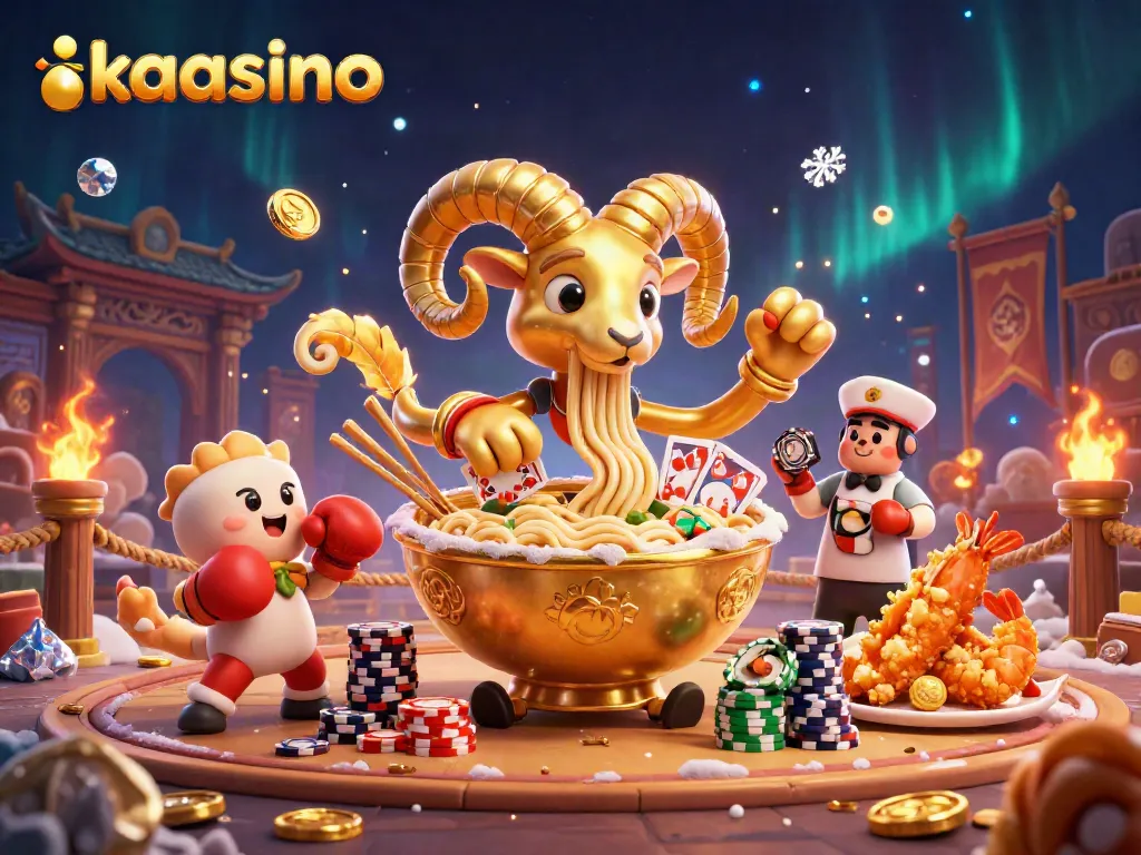 Kaasino's dynamic gaming scene with a giant ramen bowl character, sushi dealer, and gold coins.