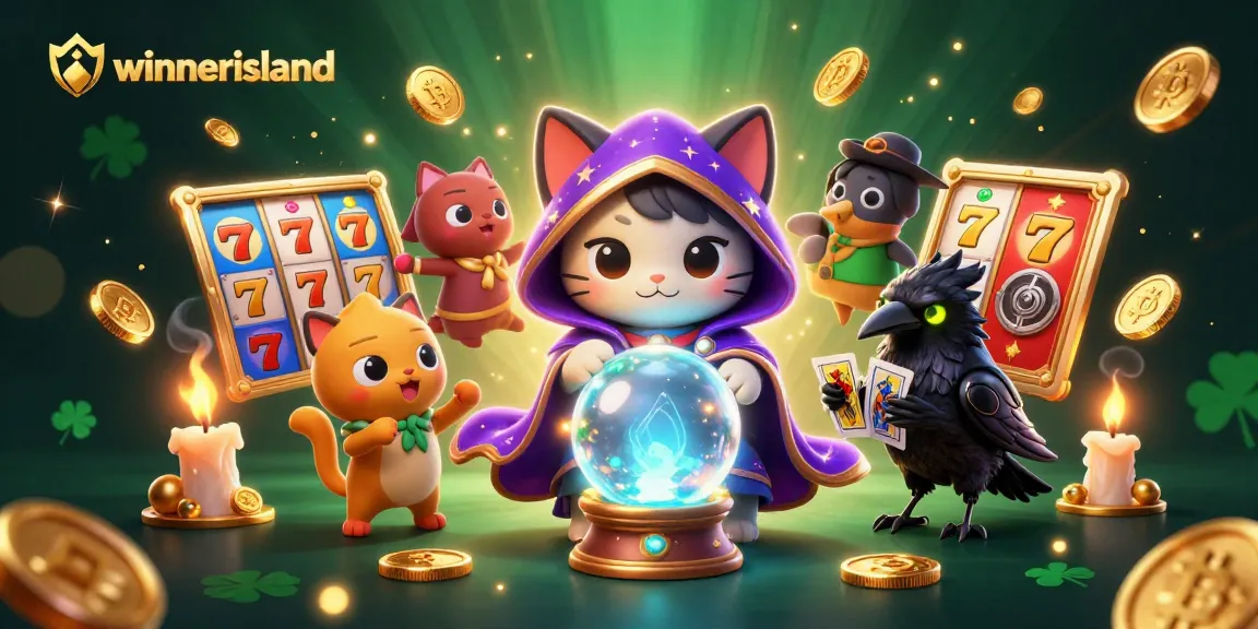 Engage in thrilling gameplay at winnerisland featuring animated fortune teller cat, tarot raven, and lively slot reels.