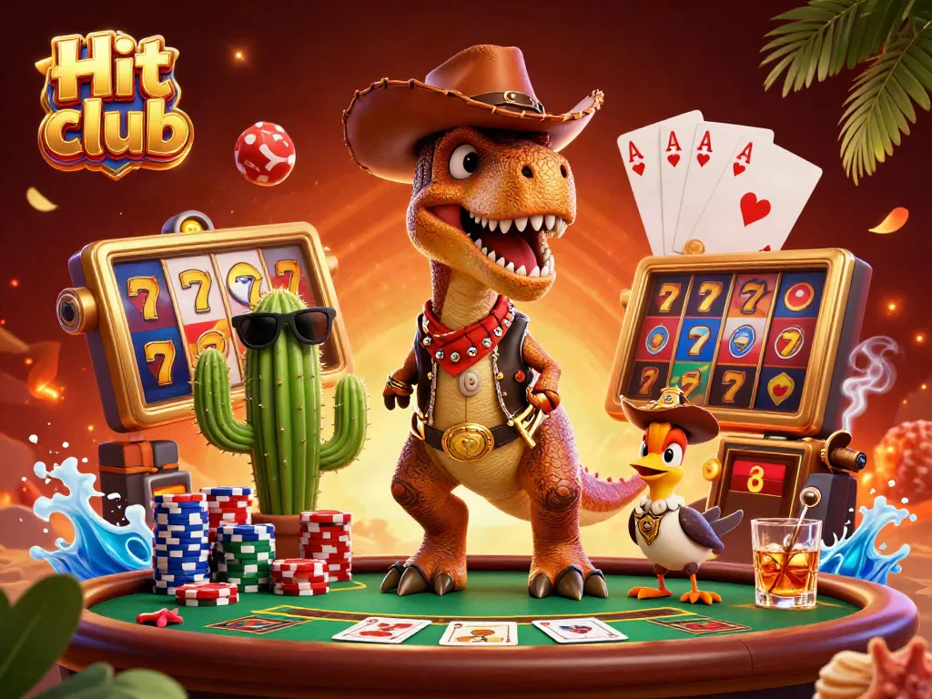 Engage with the thrilling Hit club gambling scene featuring a T-Rex, cactus, and roadrunner surrounded by slot reels.
