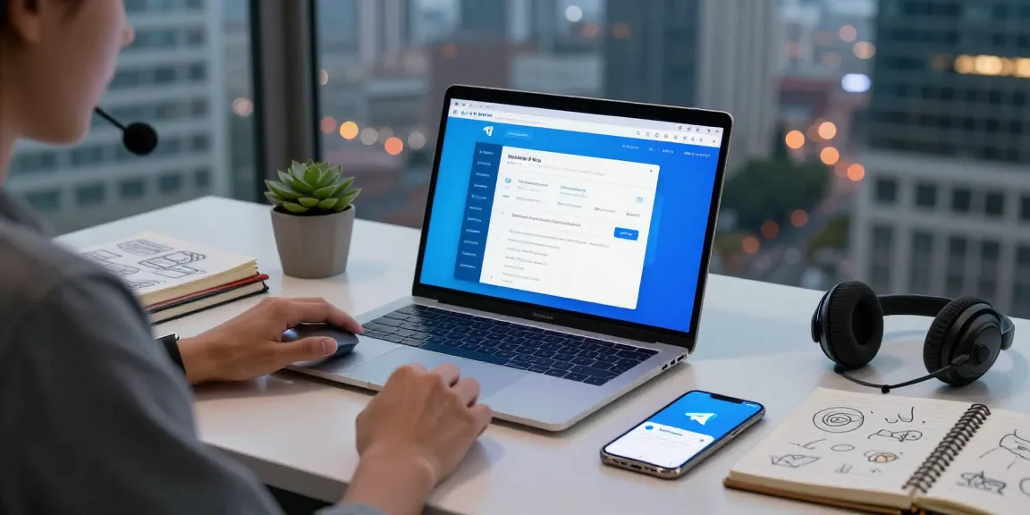 Engaging user interaction with Telegram Web Version on a laptop in a modern workspace, capturing a tech-driven productivity scene.