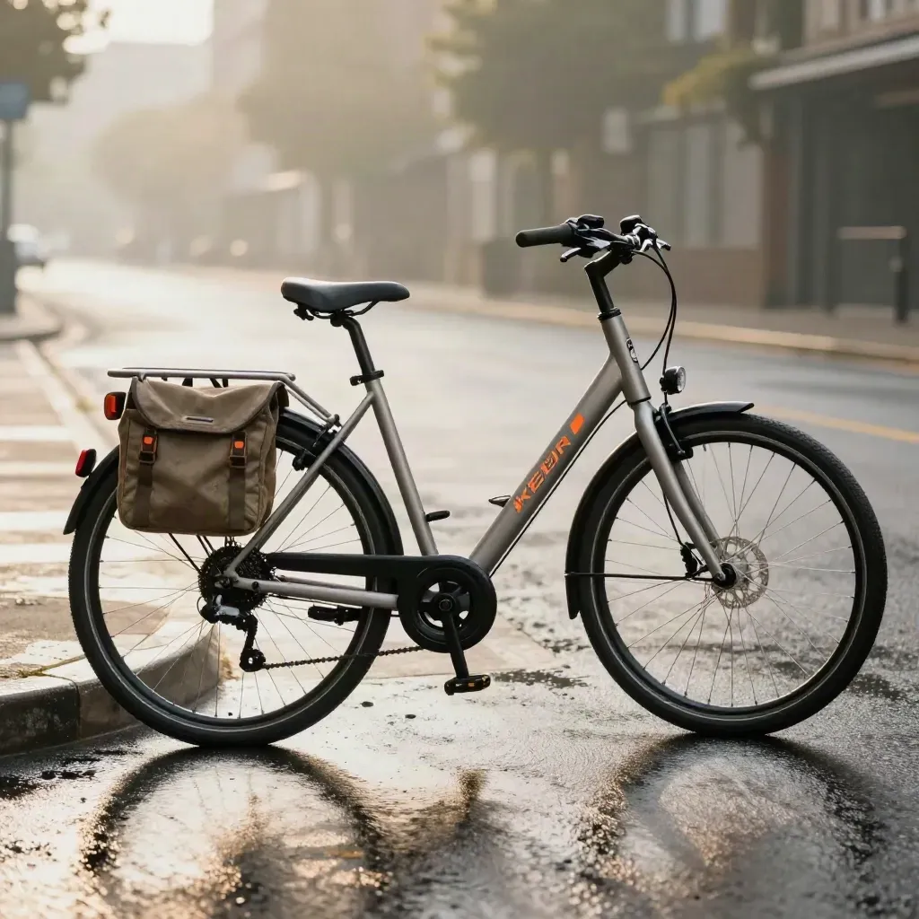 Keur e-bike in een natte stadsbocht met canvas fietstas en zachte spray.