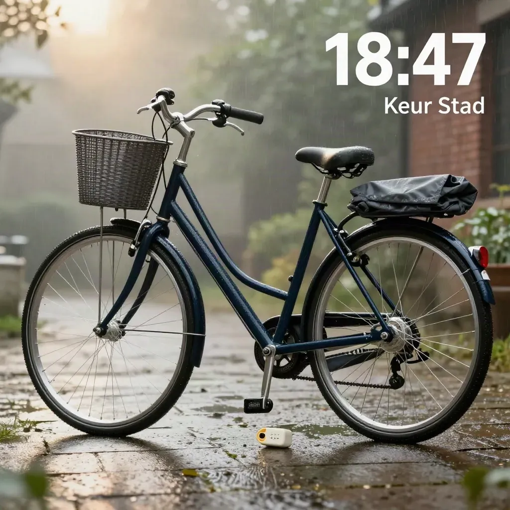 Navy e-bike met mand, slot, regenhoes en lader op natte stenen na een zomerbui.