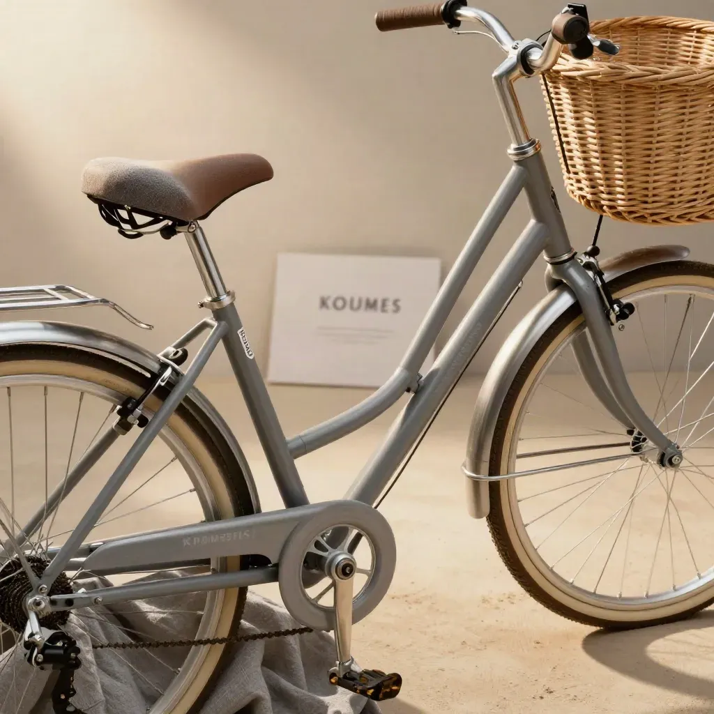 Macrofoto van een parelgrijze damesfiets tussen zachte linnen plooien op een zandkleurige vloer.