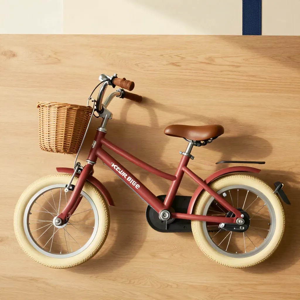 Bovenaanzicht van een zachte rode 24-inch kinderfiets met mand, bel en slot op licht hout.