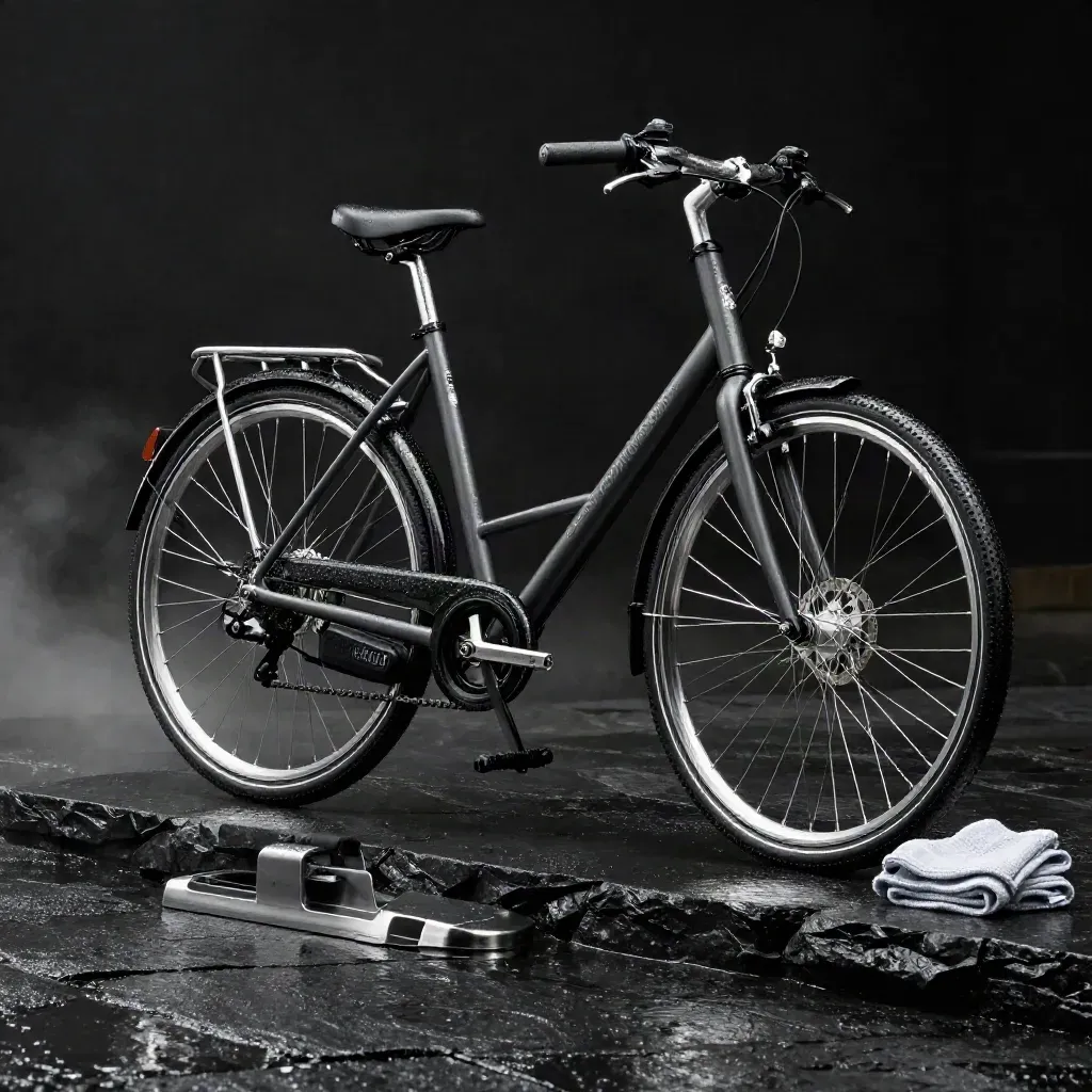 Grafiete e-bike op donkere natte steen, laag van opzij met zilveren details en regenreflecties.