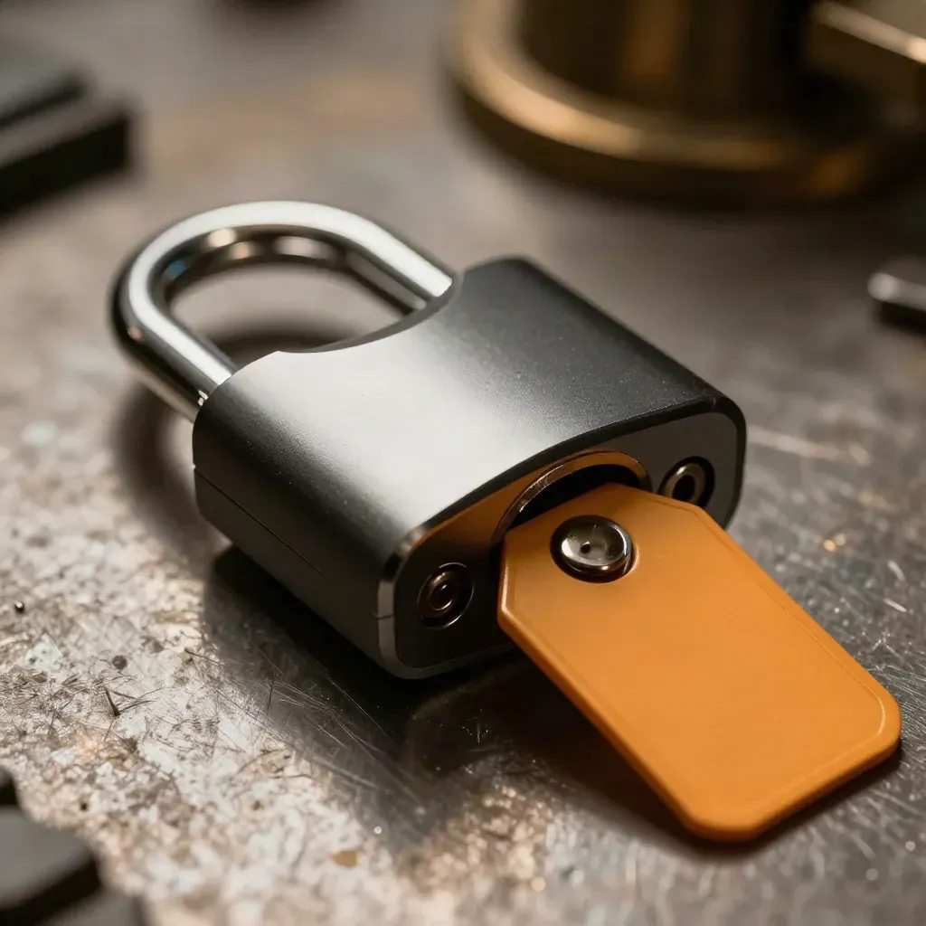 Macro van een matzwart Abus ringslot met zilveren plaat en oranje sleutelhanger op een werkbank.