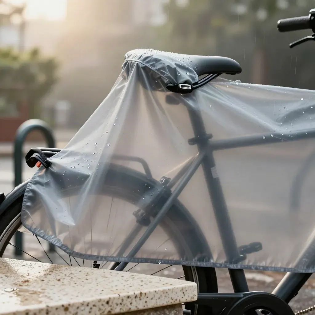 Transparante regenhoes over zadel en stuur op natte steen, met druppels en zachte mist.