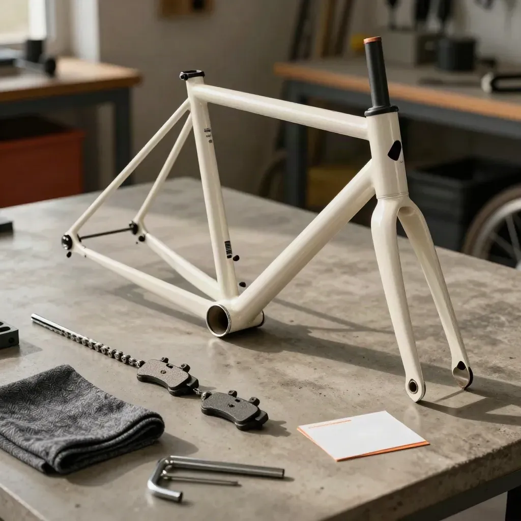 Fietsframe, ketting, doek en gereedschap netjes op een betonnen werkbank.