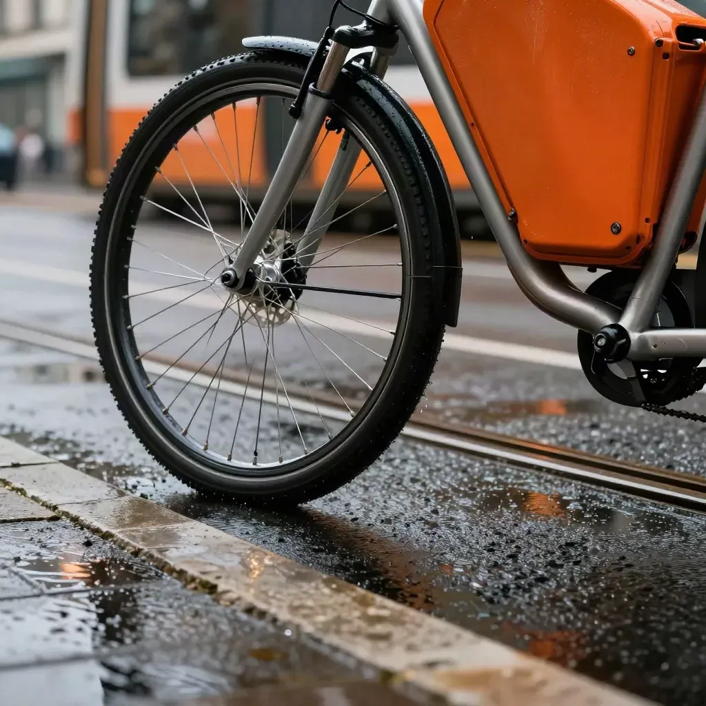 E-bike met oranje cargotas spat door natte stadstraat