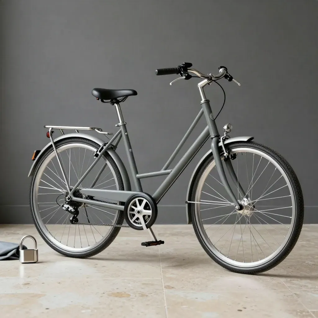 Matte transportfiets met lage instap, voorrek en achterdrager op travertijn in zacht studio-licht.