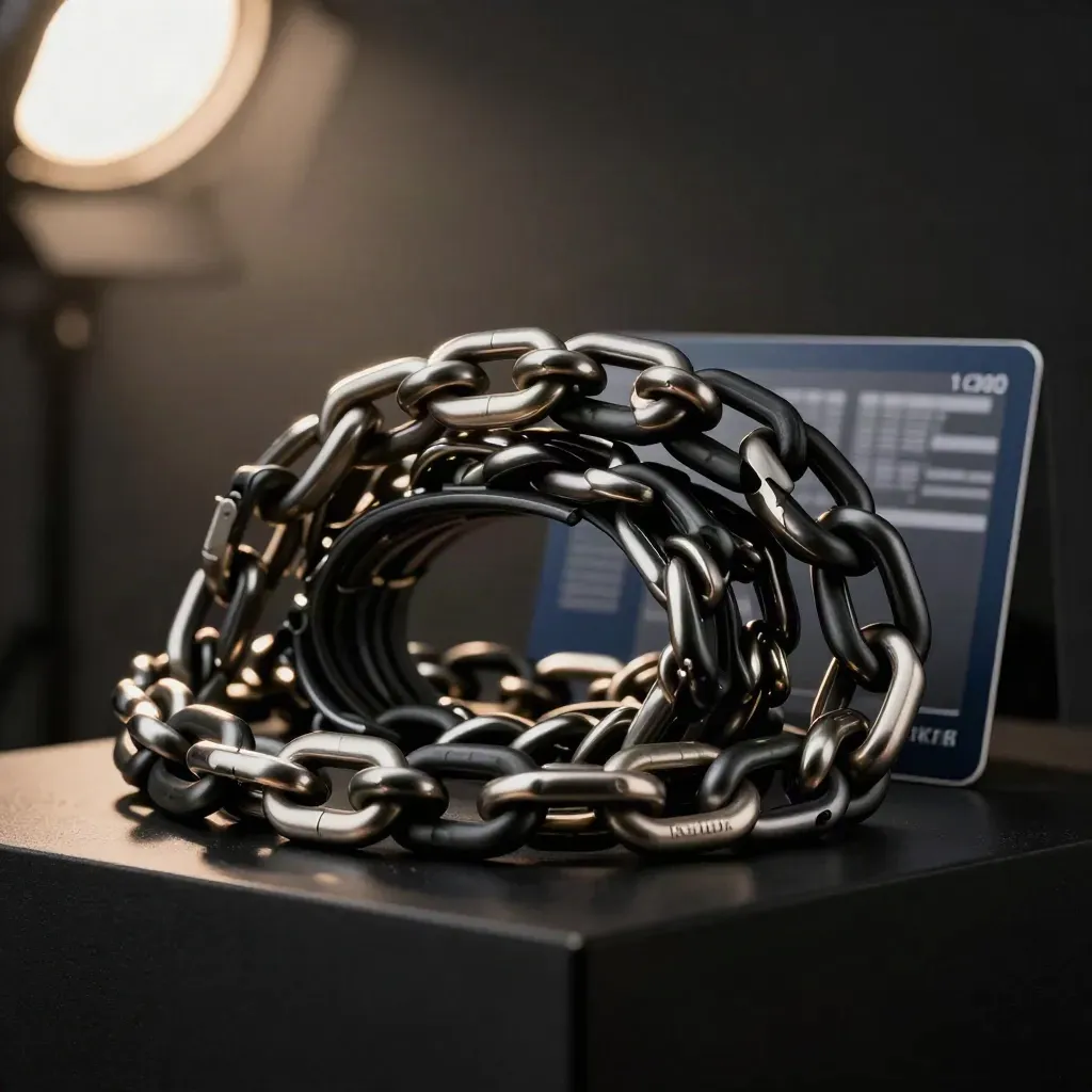 Donkere productfoto van een zware slotketting in lus op matte ondergrond.