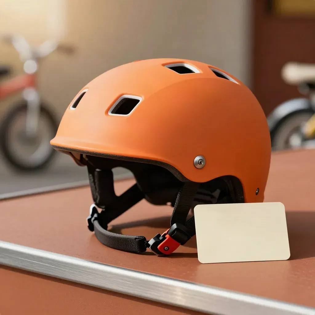 Oranje kinderhelm op lage sokkel met zachte lichtval en onscherpe productkaart.