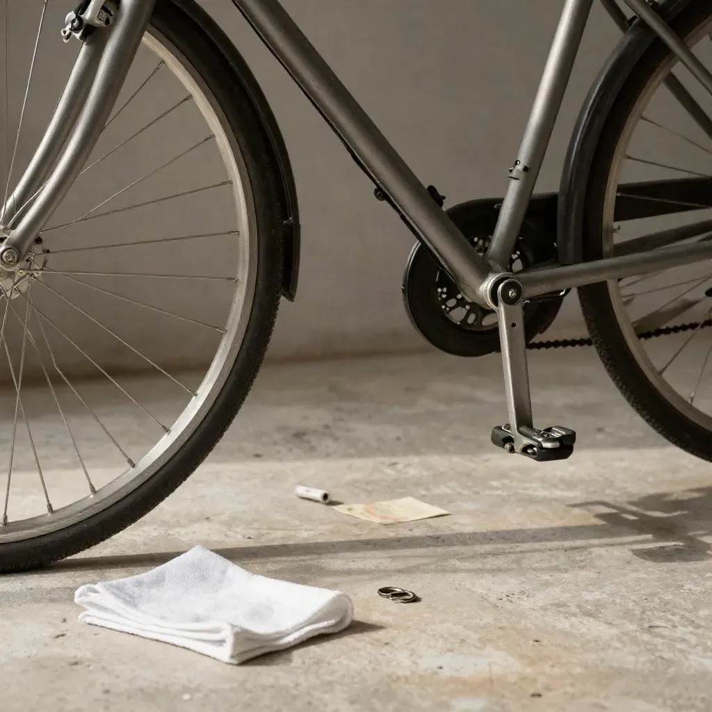 Fietsstandaard naast achterwiel met doek en inbussleutel op werkplaatsvloer