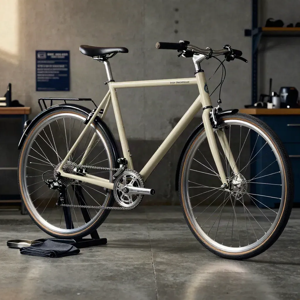 Stadsfiets op werkstandaard in donkere werkplaats, met frisse ketting en uitgelijnde remmen.
