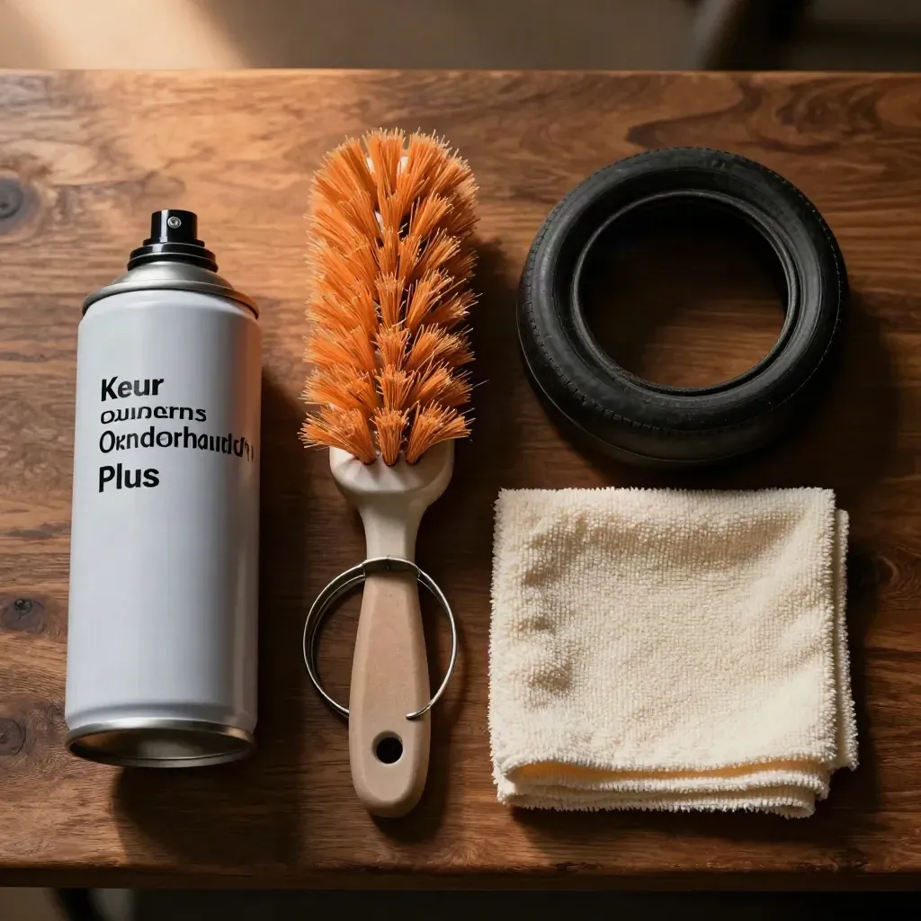Onderhoudsset voor fiets met spray, borstel, doek, binnenband en vetblikje op donker hout.