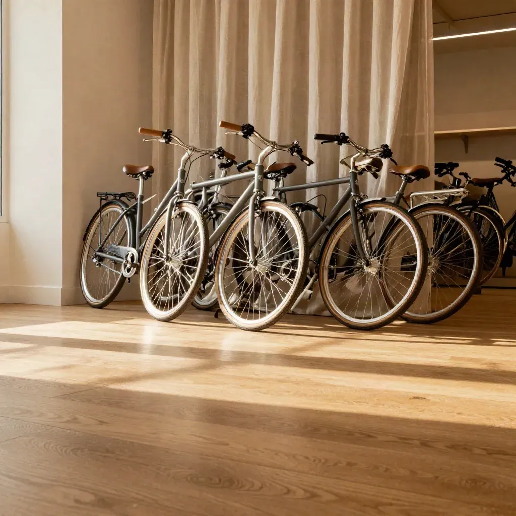 Warme showroomhoek met lichte eiken vloer, linnengordijnen en fietsen hoog in beeld.