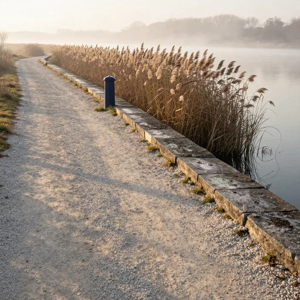 Grindpad langs water met riet, lage kade en ochtendmist in warm golden hour licht