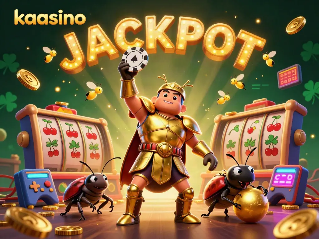 Kaasino features a victorious beetle amid dynamic casino visuals with slots and colorful coins.