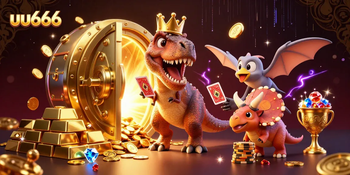 uu666 transforms gaming with a T-Rex dealing cards, vibrant with gold treasures and casino elements