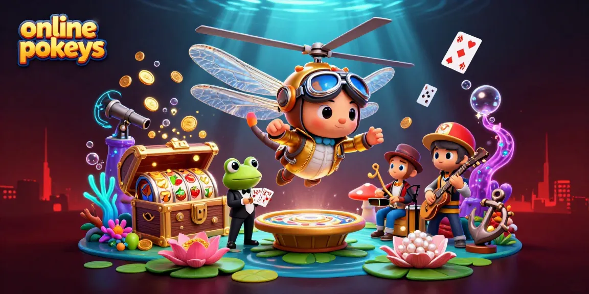 Spin the online pokies with excitement as a dragonfly pilot hovers over a lily pad casino with lively frog dealers.