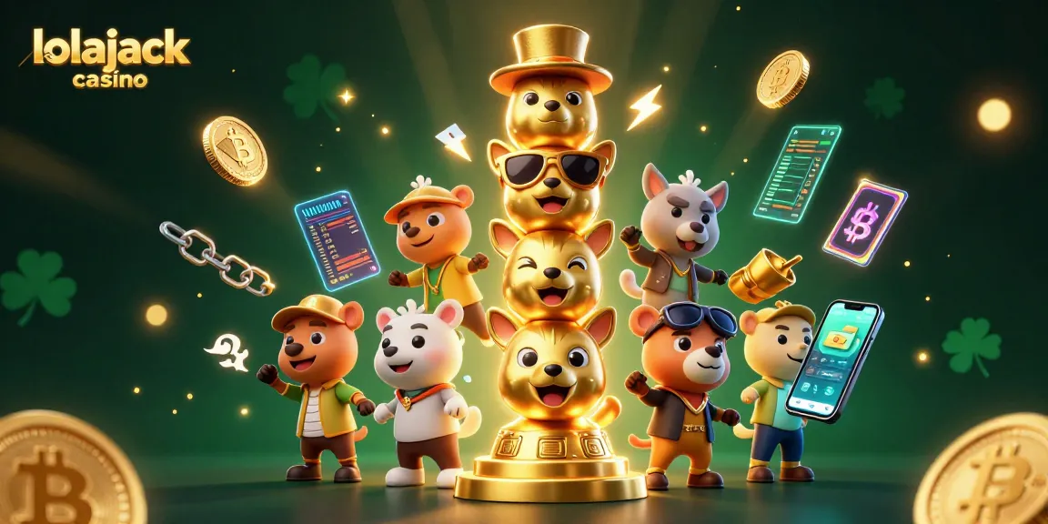 Experience exciting gaming at lolajack casino with dynamic 3D cartoon characters and vibrant cryptocurrency elements.