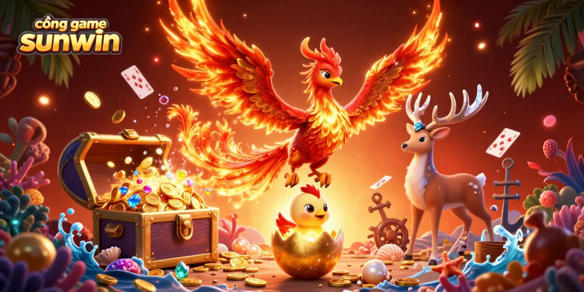 Cổng game sunwin brings luck with a vibrant scene showcasing a phoenix, treasures, and magic, perfect for thrilling gameplay.
